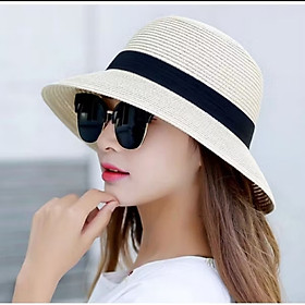 Nón vành rộng mũ vành đi biển nữ phối đai đen chất liệu cói thoáng mát đi biển du lịch dã ngoại dona25070901
