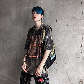 Áo thun unisex tay lỡ form rộng màu đen loang họa tiết chữ cực chất