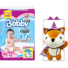Tã Dán Bobby Êm Mềm Khô Thoáng XL62 (62 miếng) - Tặng 1 cáo bông xinh xắn