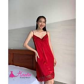 Váy ngủ lụa cổ tim phối ren cao cấp tặng kèm chip ren mặc nhà sang trọng