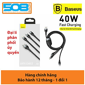 Cáp sạc đa năng 3 đầu Baseus 40W, Cáp sạc nhanh 3 đầu Baseus Flash Series 3in1 (USB to Type C/ Lai-nin/ Micro, 5A/40W) - Hàng chính hãng