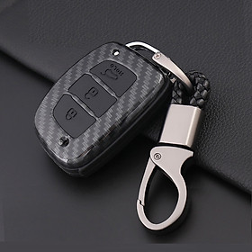 Ốp nhựa carbon lót silicon bọc, bảo vệ chìa khóa xe Hyundai kèm móc đeo INOX