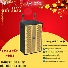 Loa kéo MTMAX K6688 bass 40 công suất lớn 4 tấc 1 mid 1 treble - Loa khủng long công suất theo nhà sản xuất đến 500W - Kèm 2 micro không dây UHF - Đầy đủ kết nối Bluetooth, AV, USB, SD card, TWS - Thùng gỗ cao cấp cho âm thanh mạnh mẽ, chân thực