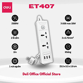 Ổ Cắm Điện Đa Năng DELI Sạc Nhanh TypeC USB PD20W 2-12 Ổ Vuông Dẹt Chịu Tải 2500W, Cầu Chì Tự Ngắt