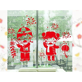 Decal trang trí tết-hai bé bắn pháo hoa
