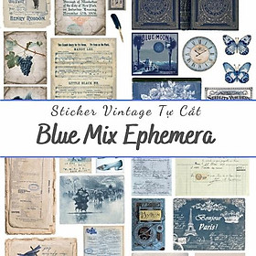 Sticker tự cắt Blue mix ephemera - sticker vintage dán, trang trí sổ nhật kí, sổ tay | Bullet journal - kc003