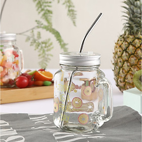 Cốc uống nước thủy tinh có tay cầm tặng ống hút inox mùa hè năng động bảo vệ môi trường CTT01