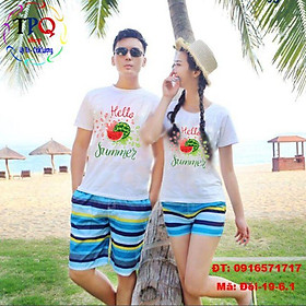 Đồ đôi đi biển mẫu mới đẹp sang chảnh quần sọc xanh áo in họa tiết dưa hấu hello summer ( giá 1 bộ gồm 1 quần +1 áo)