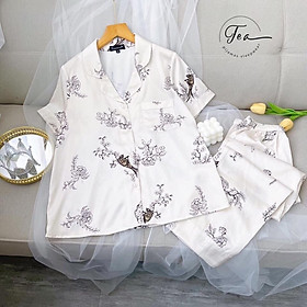 Bộ mặc nhà pyjama lụa cao cấp Tea Store tay ngắn quần dài họa tiết chim sẻ hai màu sang trọng