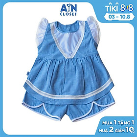 Bộ quần áo ngắn bé gái họa tiết Caro nhí xanh dương cotton - AICDBG9KLCAI - AIN Closet