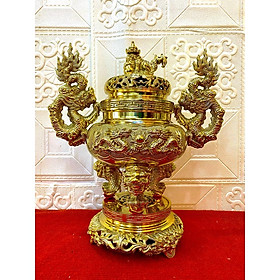 Bộ Đồ Thờ Ngũ Sự Đỉnh Song Long Chầu Nguyệt 40cm bằng đồng nguyên chất, chân nến có hoa sen kép