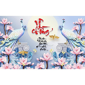 Mua Tranh dán tường trang trí phòng ngủ HD Đôi chim công thư pháp HUD0628 Kim sa