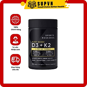 Vitamin D3 + K2 Sports Research Plant based 160 Viên – Hỗ Trợ Hấp Thụ Canxi, Dạng Softgel Dễ Uống