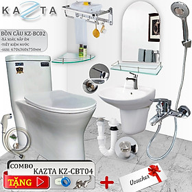 Combo Thiết Bị Nhà Tắm Cao Cấp KAZTA KZ-CBT04: Bồn Cầu 1 Khối Xả Xoáy Nắp Êm-Lavabo Treo Tường-Sen Tắm Nóng Lạnh Kèm Bộ Phụ Kiện Nhà Tắm