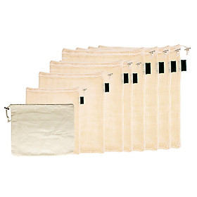 Túi vải cotton hữu cơ với dây rút nhiều kích cỡ tái sử dụng có 9 túi