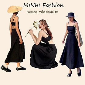 Đầm 2 dây đen maxi đi biển, Váy hai dây hở lưng Cao Cấp form vintage dáng xòe, có sẵn mút ngực MiNhi Fashion