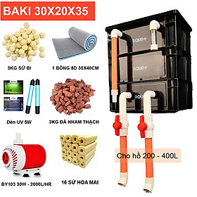Bộ Lọc Nước Hồ Cá Koi 200-400L: Thùng Baki 3 Tầng, Bơm Baoyu 30W, Đèn UV 5W, Vật Liệu Lọc Đầy Đủ (A)