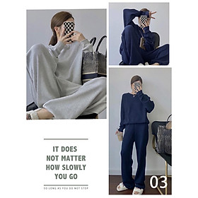 Bộ Áo Cổ Tròn Dài Tay Kèm Quần Ống Rộng Vải Tổ Ong 2 Màu- Set Áo Thun Quần Dài Nữ