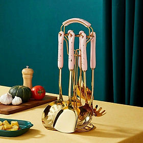 Bộ môi xẻng nhà bếp inox mạ vàng cán sứ cao cấp 6 món kèm giá treo phong cách Châu Âu sang chảnh