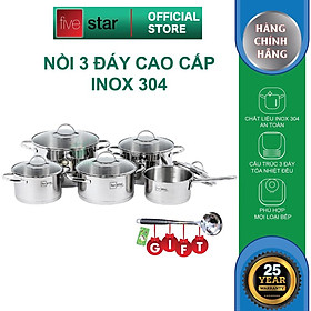 Mua Bộ nồi quánh 3 đáy inox 304 cao cấp Fivestar Plus quai oval kiểu Silit 5 món nắp kính   tặng 1 vá inox