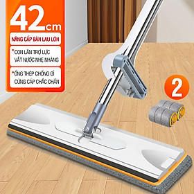 Cây lau nhà tự vắt Kitimop-XPRO bàn lau lớn 42cm, con lăn trợ lực, thanh thép không gỉ, khớp xoay 360 độ, 2 bông lau - KITIMOP-XPRO