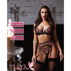 Set bộ đồ lót lingerie lọt khe xuyên thấu thêu hoa trắng đỏ tặng kèm vớ