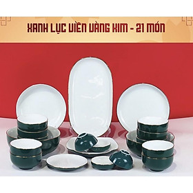 Mua Set bát đĩa 12- 35 món  men xanh lục (cổ vịt)  viền vẽ vàng kim  lòng trắng ngọc. Gốm sứ Bát Tràng cao cấp