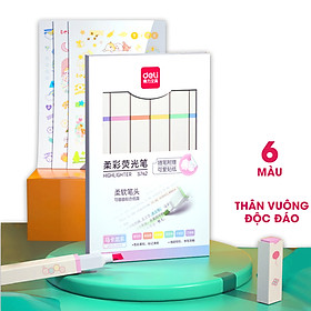 Bút highlight dạ quang nhấn dòng kèm sticker Deli - Hộp 6 chiếc - S743