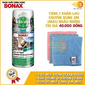 Chai xịt khử mùi và khử trùng máy lạnh mùi Ocean-Fresh Sonax 323600 100ml - tặng 1 khăn 3M màu ngẫu nhiên - làm sạch bầu không khí trong xe, bảo vệ sức khỏe, loại bỏ vi khuẩn gây hại