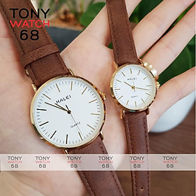 Đồng hồ nam Halei dây da nâu mặt số vạch chính hãng Tony Watch 68