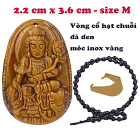 Mặt Phật Phổ hiền đá mắt hổ 3.6 cm kèm vòng cổ hạt chuỗi đá đen - mặt dây chuyền size M, Mặt Phật bản mệnh