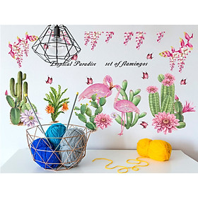 Decal dán tường xương rồng hoa và đôi hạc hồng