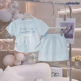 SET VÁY BÉ GÁI ÁO THUN DÂY RÚT ĐÍNH NƠ KÈM CHÂN VÁY CHỮ A TỪ 12-45KG DÀNH CHO BÉ GÁI