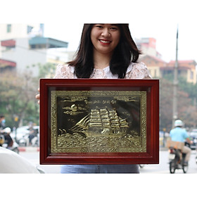 Tranh đồng Thuận buồm xuôi gió bằng đồng khung gỗ trò 37x51cm
