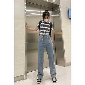 Quần Jeans nữ ống suông phối nút 8022