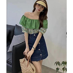 Set Bộ Áo Hoa Nhí Trễ Vai Màu Xanh Trendy Chân Váy Bò Dày Dặn Phong Cách Hàn Quốc Ulzzang Vintage Hàng QC ThunderUnisex