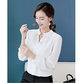 Áo sơ mi nữ cổ cắt chứ V phối nút ngọc tay voan sm67