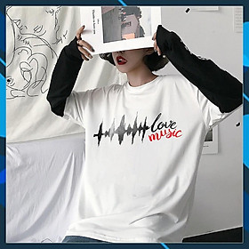 Hình ảnh Áo Thun Unisex Tay Lỡ Form Rộng Freesize Màu Trắng In Mặt Trước love Music