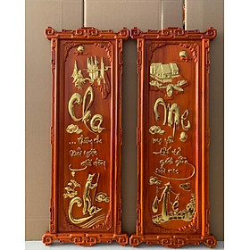 Cặp tranh câu đối treo tường khắc chữ cha mẹ bằng gỗ hương đỏ đẹp long lanh kt 42×107×3cm