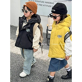 Áo phao gile bé trai size đại 8-16 tuổi thêu chữ CCP. Gile phao cho bé có mũ khỏe khoắn thời trang