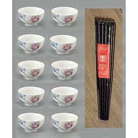 BỘ 10 BÁT CƠM BÁT SỨ CAO CẤP VÀ 10 ĐÔI ĐŨA ĐẸP ĐŨA SẠCH GỖ TRẮC