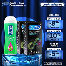 Bộ 2 hộp bao cao su Durex Performa kéo dài thời gian (size 52mm, 12 bao/hộp) và 1 chai gel bôi trơn Durex Massage 2n1 200ml