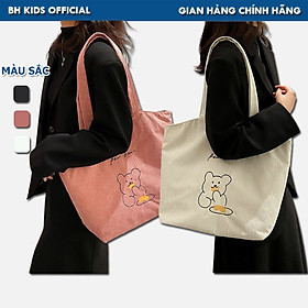 Túi đeo chéo, tote nhung thêu Gấu BH Kids, thời trang, cá tính, đựng vừa Laptop 15.6 inch, máy tính bảng, A4 - CH124