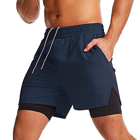 Men 2 in 1 Sport Shorts with Towel Loop Zip Pocket Quick Dry Elastic Waist Short Pants for Gym Basketball Running
