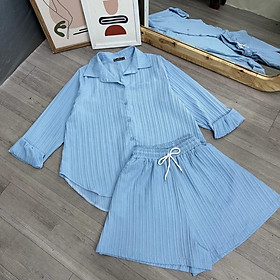 Set áo sơ mi tay dài bigsize nữ kèm quần đùi rộng thoải mái có dây cột, Quần đùi áo sơ mi BIGSIZE CÔ NHỎ- SET41 - Màu Đen