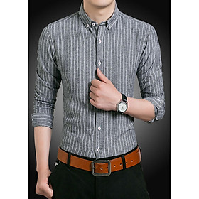 Áo sơ mi nam body công sở kẻ sọc, chất vải thô mềm mại thấp hút mồ hôi, phong cách Hàn Quốc