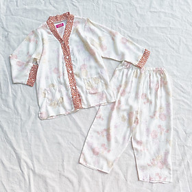 Pyjamas bé gái lụa hoa trắng viền cam
