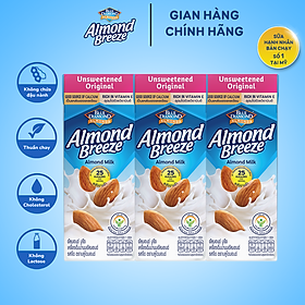 Blue Diamond - Sữa hạt hạnh nhân ALMOND BREEZE Nguyên Chất Không Đường 180ml x 3 Hộp