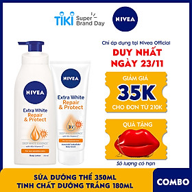 Bộ đôi Sữa Dưỡng Thể Dưỡng Trắng NIVEA Ban Ngày Giúp Phục Hồi & Chống Nắng SPF30 (350ml) - 88311 & Tinh Chất Dưỡng Thể Dưỡng Trắng NIVEA Ban Ngày Giúp Phục Hồi & Chống Nắng SPF50 (180ml) - 88314