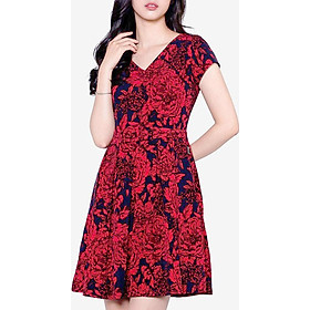 Đầm xòe họa tiết hoa đỏ tay ngắn The One Fashion DDC1793HDO1